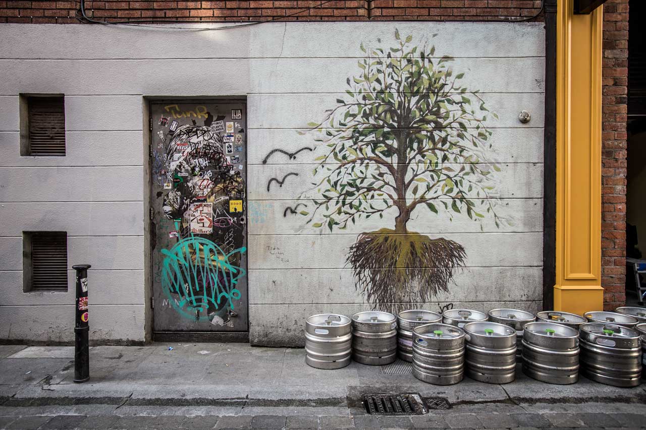 Hausmauer und Straße in Dublin mit Bierfässer
