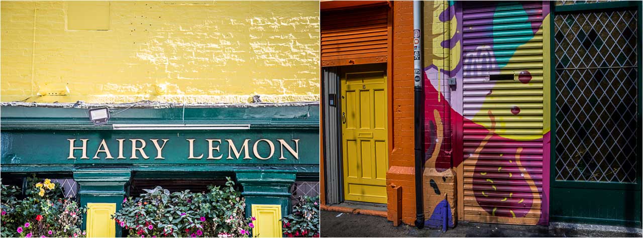 bunte Häuser in Irland eines mit Aufschrift Hairy Lemon