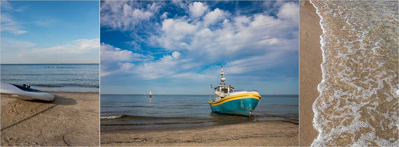 Schiff im Wasser und Strand in Danzig
