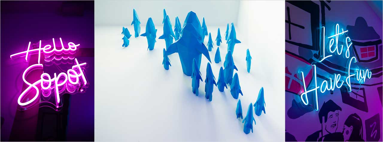 Leuchtschriften mit den Aufschriften Hello Sopot und lets have fun