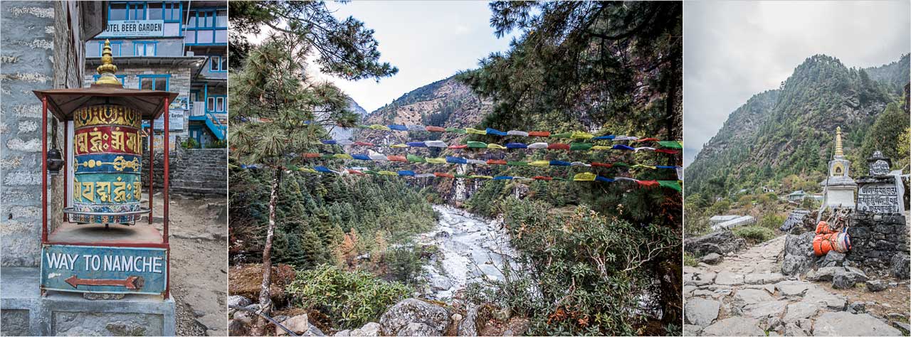 Gebetsmühle und Wegweise nach Namche Bazar